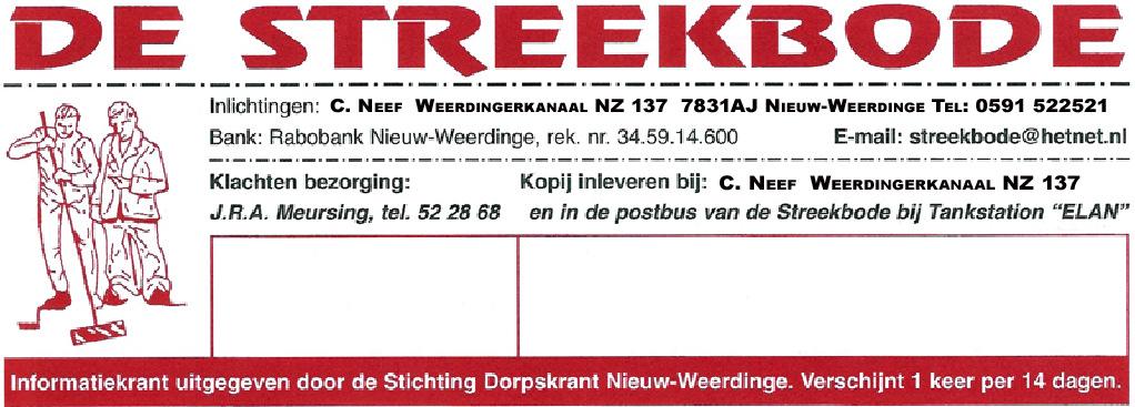 Inlichtingen: C. Neef Weerdingerkanaal ZZ 137 7831 AJ Nieuw Weerdinge Tel: 522521 Bank: Rabobank Nieuw Weerdinge Rek.nr 34.59.14.600 E-mail: streekbode@hetnet.