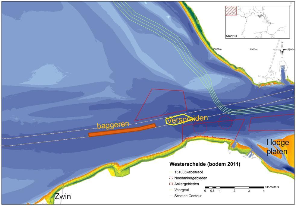 Figuur 59: Ligging van baggerlocatie en (verspreidings-)stortlocatie voor de Maatwerkgeul ten opzichte van het kabeltracé voor de TOZ Borssele. 7.