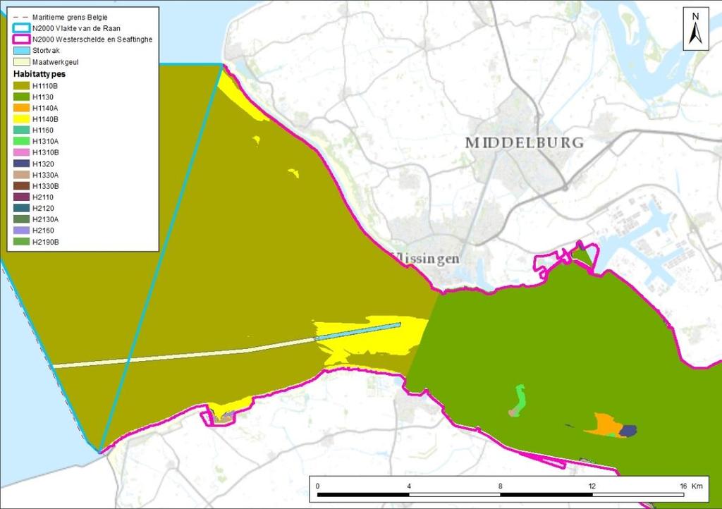 Figuur 17: Overzicht van habitattypen in de Westerschelde & Saeftinghe en Vlakte van de Raan ten opzichte van de Maatwerkgeul Wielingen en het baggerstortvak (Bron: Aerius Monitor 2015).