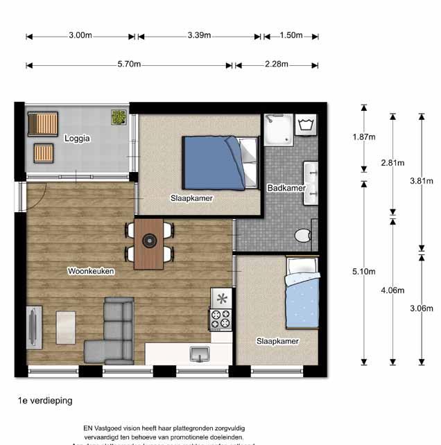 Appartement 7 (Zuiddijk 163D6) circa 48m 2 woonoppervlakte 1e verdieping Indeling appartement: Dit ruime tweekamerappartement ligt in zijn geheel op de 1e verdieping en heeft een inpandig balkon, een