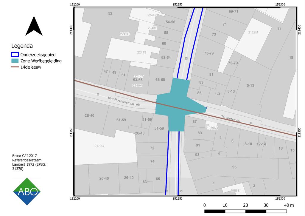 Figuur 2: GRB met aanduiding van het onderzoeksgebied, de beoogde zone voor opgraving in de vorm van werfbegeleiding en het tracé van de 14 de -eeuwse uitbreiding van de laatmiddeleeuwse omwalling in