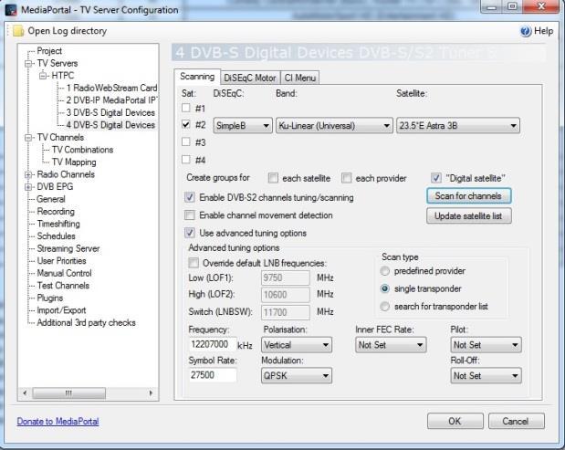 Pagina 7 van 19 4.4) Klik te alle tijden EERST op de knop Update satellite list Het kan nl. zo zijn dat als je dat niet doet je bijv. de Astra 23.5 niet ziet! 4.5) Nu klik je op de DVB-S tuner(s) die onder het kopje HTPC hangen (HTPC openen) en ga je pér tuner de kanalen scannen.