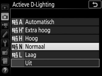 Als Y Automatisch is geselecteerd, past de camera automatisch Actieve D-Lighting aan de opnameomstandigheden aan (in stand M is Y Automatisch echter gelijk aan Q Normaal).