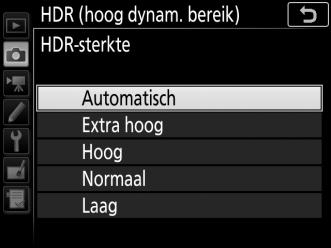 2 Selecteer een stand. Markeer HDR-stand en druk op 2. Markeer een van de volgende opties en druk op J. Om een reeks HDR-foto s te maken, selecteer 6 Aan (reeks).