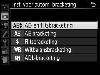 Bracketing (alleen standen P, S, A en M) Bracketing varieert automatisch met belichting, flitssterkte, Actieve D-Lighting (ADL) of enigszins met witbalans voor elke opname door de huidige waarde te