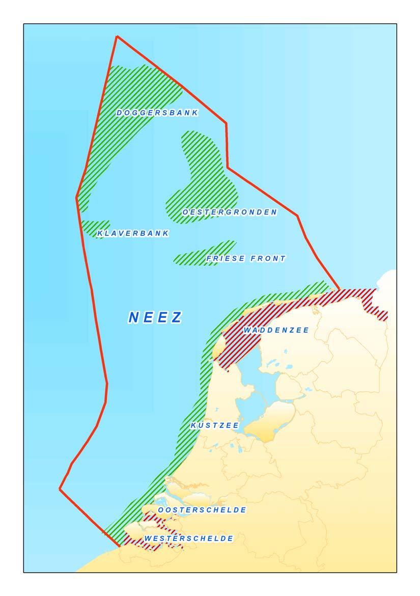 Figuur 1. Gebiedskaart NEEZ, Waddenzee, Oosterschelde en Westerschelde; met daarin aangegeven de gebieden met bijzondere ecologische waarde.