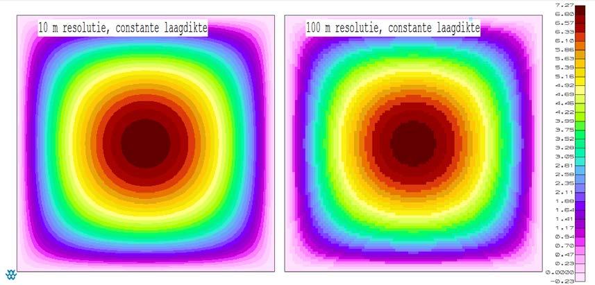 Figuur 3.2 Isohypsenbeeld model met constante laagdikte van 10 m in een resolutie van 10 en 100 m Figuur 3.