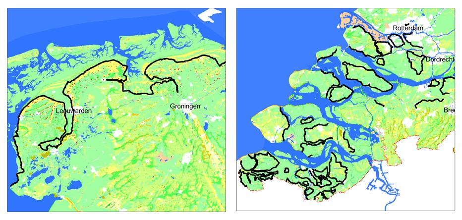 18 Afb. 11: Uitsnede van de Geomorfologische Kaart van Nederland, schaal 1 : 50.000, met ligging van de oudste dijken (zwarte lijnen).