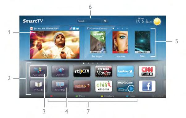 Hiertoe kunt u de apps gebruiken (internetpagina's op maat gemaakt voor TV). Als uw TV op internet is aangesloten, kunt u Smart TV openen.