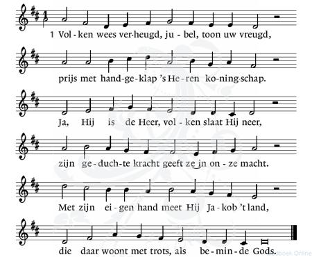 !. introïtus. lied psalm 47, eerste couplet. de gemeente gaat zitten. bemoediging. lied psalm 47, (zie boven) derde couplet 3.