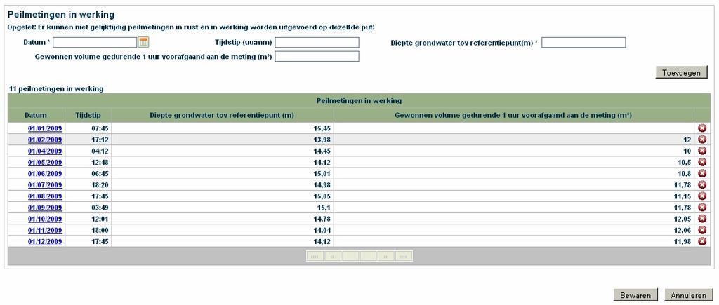 Je vult volgende gegevens in: datum*: dit is een verplicht veld. Je kan hiervoor het kalendertje gebruiken tijdstip diepte grondwater tov referentiepunt(m)*: dit is een verplicht veld.