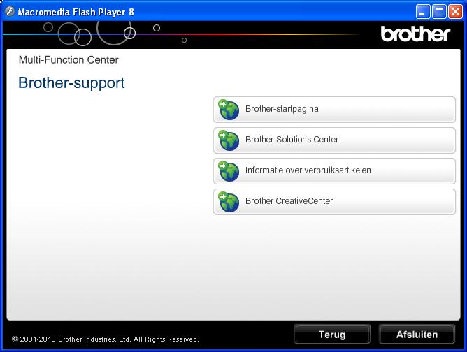 Algemene informatie Brother-support openen (Windows ) Alle benodigde hulpbronnen, zoals websupport (Brother Solutions Center), zijn beschikbaar op de installatie-cd-rom.