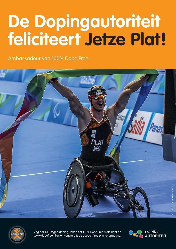 Felicitatie-advertentie ambassadeur Jetze Plat Voorlichtingsbijeenkomsten en materialen In 2015 is de Doorlopende Leerlijn Dopingvrije Sport (DLDS) ingevoerd.