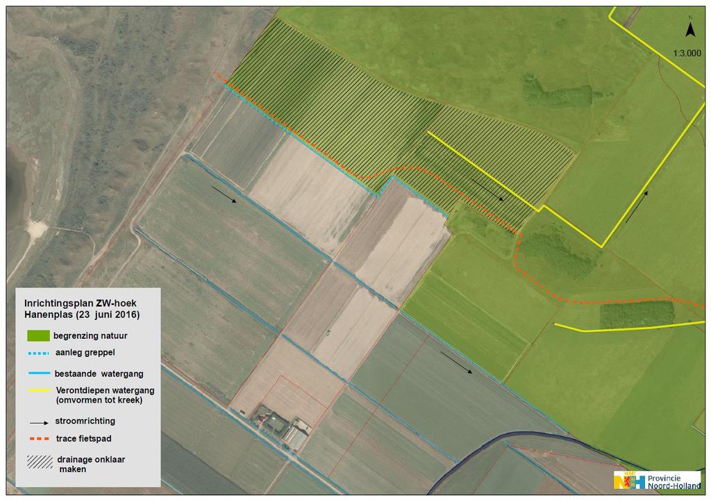 De westelijke grens van het in te richten natuurgebied Hanenplas is in onderstaande tekening (deel van het