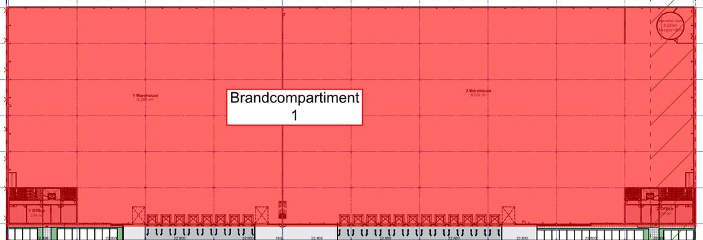 Figuur 4: brandcompartimenering De totale omvang van het brandcompartiment is dermate groot, dat deze niet binnen de reikwijdte van het Bouwbesluit 2012 valt.