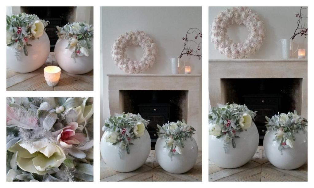 Set van 2 witte ronde vazen met zijden bloemen en grijze blaadjes Deze decoratie staat heel mooi in een landelijk interieur Afmetingen