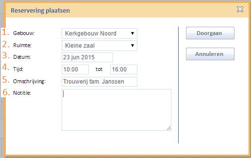 Nadat u alle gegevens voor de reservering heeft ingevuld, klikt u op Doorgaan. De reservering is nu aan de agenda toegevoegd. Het is mogelijk om een dubbele reservering te plaatsen.