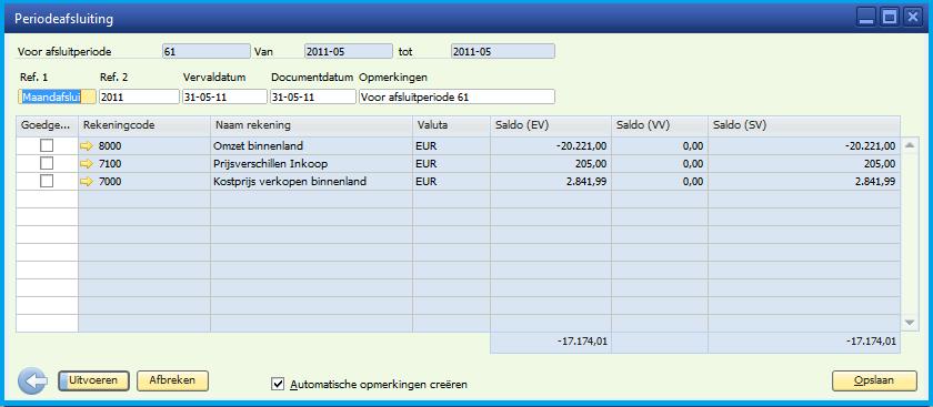 De waardes die in het scherm Instellingen periodeafsluiting zijn ingevuld zijn nu overgenomen. Indien nodig kan de tekst in het veld Opmerkingen aangepast worden.