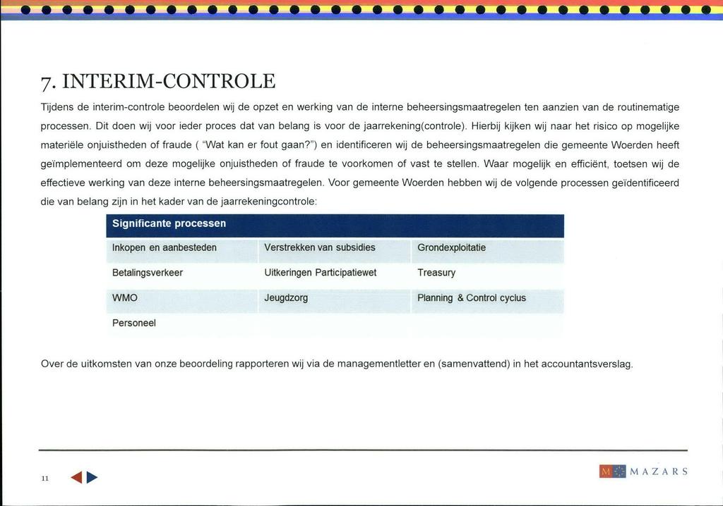 7. INTERIM-CONTROLE Tijdens de interim-controle beoordelen wij de opzet en werking van de interne beheersingsmaatregelen ten aanzien van de routinematige processen.