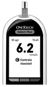 Een test uitvoeren 3 7. Lees uw resultaat af De meter begint af te tellen en het resultaat wordt op het scherm weergegeven, samen met de datum, de tijd, de maateenheid en Controlevloeistof.