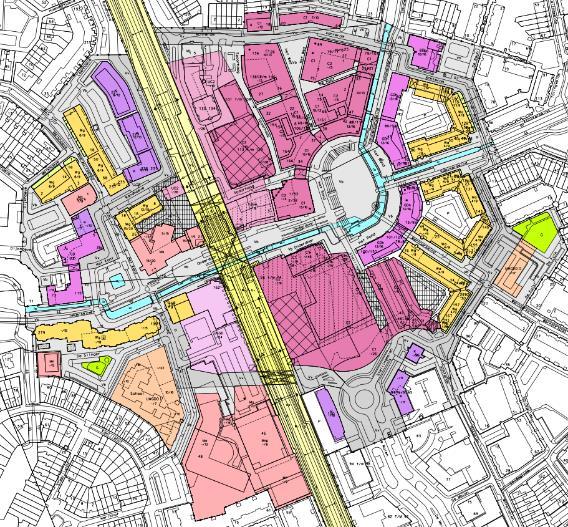 afbeelding 25: Verbeelding Houten Centrum (met rode stippellijn zijn de terreinen aangegeven waar nieuwbouw van zelfstandige kantoren mogelijk is, met blauw is het terrein aangegeven waar een nieuw