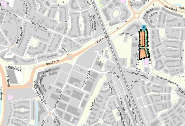 afbeelding 32: Verbeelding bestemmingsplan Loerik VI - Het Spoor (met rode stippellijn is globaal de locatie aangewezen waar nieuwbouw van zelfstandige kantoren mogelijk