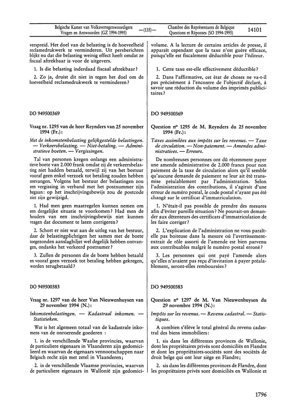 BelgischeKamervan Volksvertegenwoordigers Vragenen Antwoorden(GZ 1994-1995) Chambredes Représentantsde Belgique Questionset Réponses(SO1994-1995) 14101 verspreid.