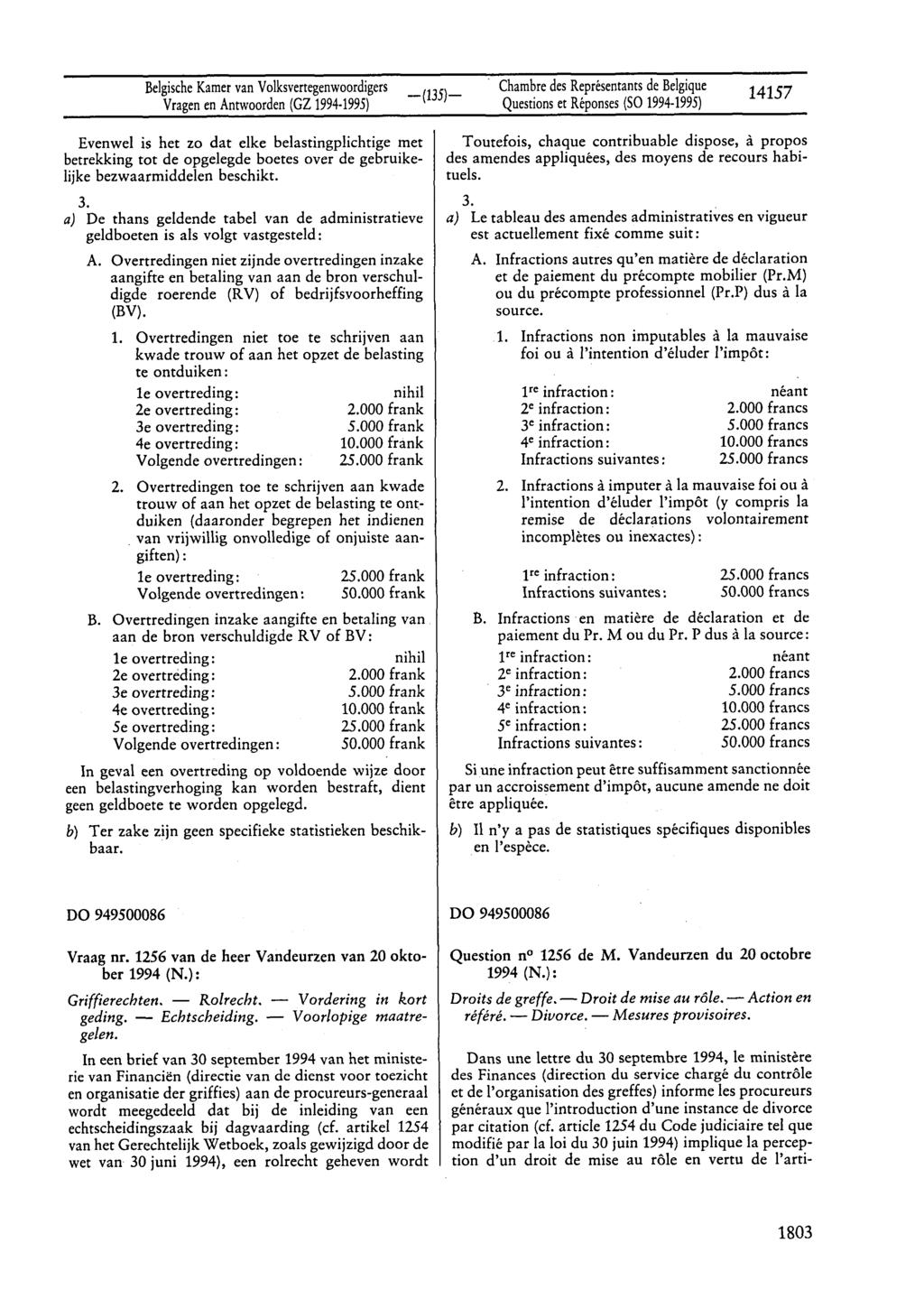 Belgische Kamer van Volksvertegenwoordigers Vragen en Antwoorden (GZ 1994-1995) Chambre des Représentants de Belgique Questions et Réponses (50 1994-1995) 14157 Evenwel is het zo dat elke