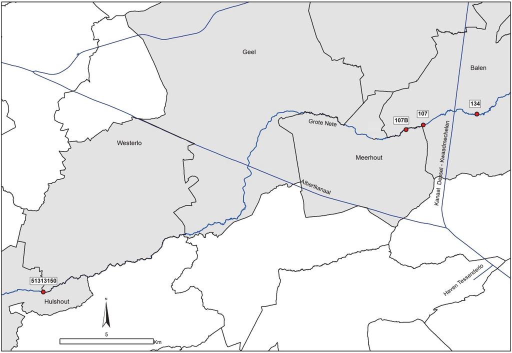 Figuur 9: Ligging van de trajecten die in 2014 i.k.v. V.I.S./meetnet zoetwatervis op de Grote Nete elektrisch afgevist zijn. Midden februari 2015 bemonsterden we de Ijse en Grote Nete opnieuw.