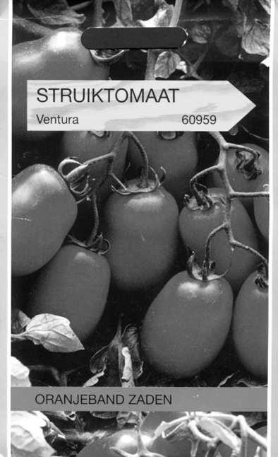 Bij een zaadbedrijf zijn tomatenzaden van het ras 'Ventura' te koop.