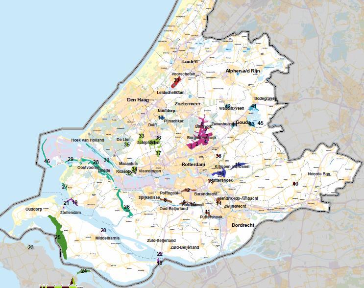 Voorgelegde plattegrond 10 1. Bleiswijkse Zoom 2. Hoge Bergse Bos 3. Lage Bergse Bos 4. Zevenhuizerplas 5. Zevenhuizerzoom 6. Bleiswijkse Fles 7. Eendragtspolder 8.