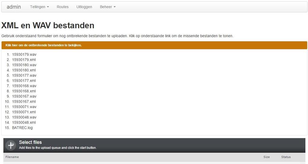 Figuur 45: De lijst van bestanden die nog opgeladen moeten worden voor een telling. De lijst wordt zichtbaar in het bestanden-upload scherm door op de bruine balk te klikken. 7.3.