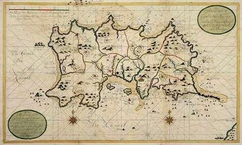 Een manuscriptkaart van het Engelse eiland Jersey getekend