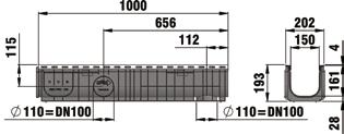 Type 0105 met gietijzeren sleuvenrooster, sleufbreedte 130/6, zwart, voorgemonteerd Type 100 met gietijzeren sleuvenrooster, sleufbreedte 130/6, zwart, voorgemonteerd De materiaalkwaliteit RVS