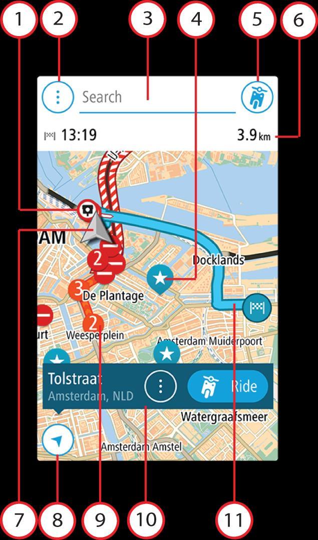 Als je een route hebt gepland, wordt de volledige route op de kaart weergegeven. Je kunt direct vanaf de kaart tussenstops toevoegen aan je route.