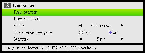 De standaardinstelling voor de positie van het timerdisplay is in de rechter benedenhoek van het beeld. 2. Druk nog eens op de [TIMER] toets terwijl de timer getoond wordt.