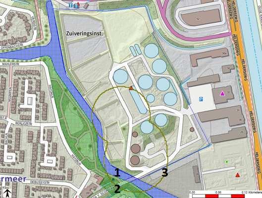 Figuur 5.1 Overzicht van het invloedsgebied (bruine cirkel), bron plattegrond: ruimtelijke plannen.nl Tabel 5.1 De aanwezigheidsgegevens van de vlakken Vlak nr.