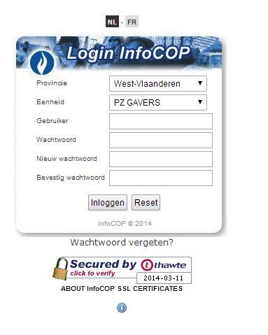 Secured login Keuze van de provincie Keuze van de eenheid Gebruikersnaam Wachtwoord Een veiligheidscertificaat