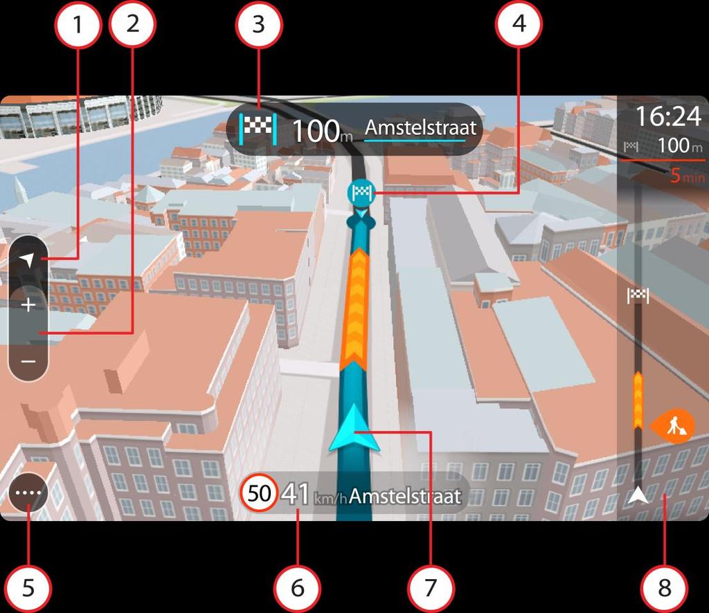 9. Je route, mits je een route hebt gepland. Selecteer de route om deze te wissen, wijzig het routetype, voeg een tussenstop toe of sla wijzigingen in je route op. 1.