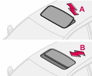 02 Instrumenten, schakelaars en bediening Elektrisch bediend schuifdak (optie) 02 Openingsstanden Vanuit ventilatiestand naar volledig geopend schuifdak: Trek de knop achteruit in de eindstand (1) en
