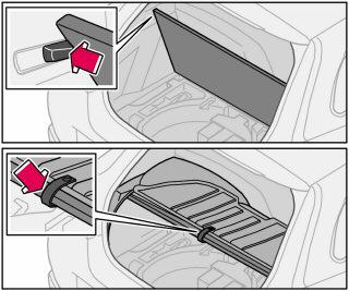 04 Interieur Kofferbak Vloerluik opklappen 04 Zonder bagageafdekking Klap het vloerluik op en zet het aan weerszijden aan de borgnokken vast.