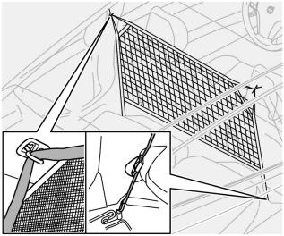 04 Interieur Kofferbak Bagagenet (optie) Bagagenet verwijderen Zet de banden minder strak. Haal de haken aan weerszijden uit de ogen bij de vloerbevestiging van de veiligheidsgordel.