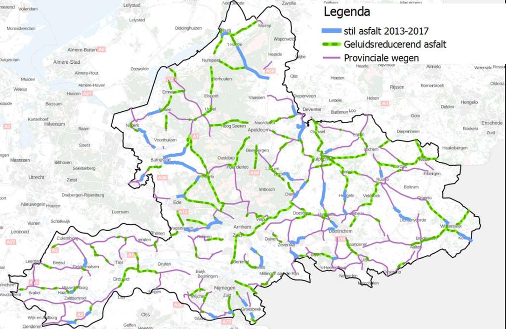 Afbeelding B3.1: Locaties stil asfalt gedurende looptijd vorige Actieplan. De groene lijnen geven de locaties weer waar in 2013 al stil asfalt aanwezig was.