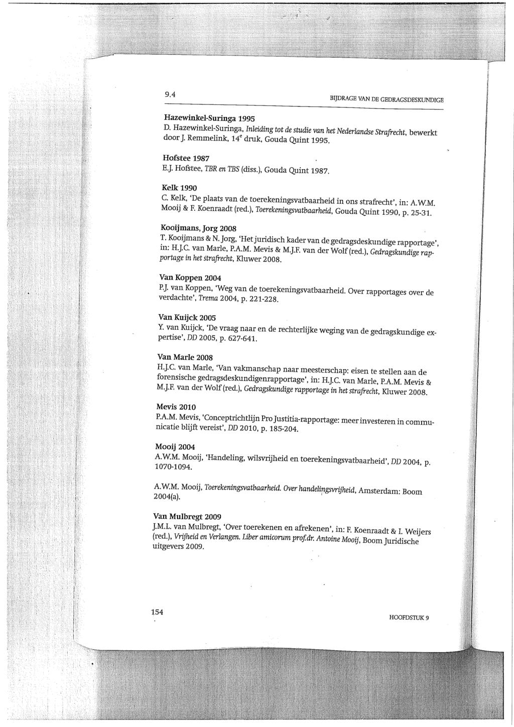 9 4 BIJDRAGE VAN DE GEDRAGSDESKUNDIGE Hazewinkel-Suringa 1995 D. Hazewinkel-Suringa, Inleiding tot de studie van het Nederlandse Strafrecht, bewerkt door J. Remmelink, 14 e druk, Gouda Quint 1995.