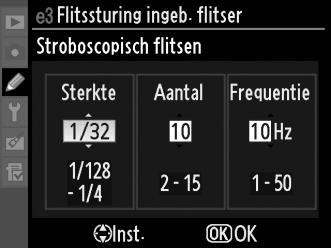 Handmatig Kies een flitssterkte tussen Volle flits en 1/128 ( 1 /128 van de volledige sterkte). Op vol vermogen heeft de ingebouwde flitser een richtgetal van 17 (m, ISO 200, 20 C).