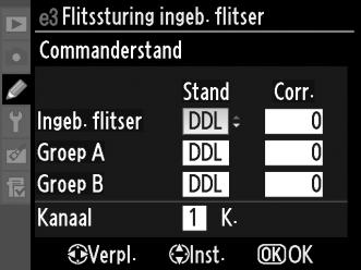 Commanderstand Gebruik de ingebouwde flitser als hoofdflitser die een of meer optionele SB-900, SB-800, SB-600 of SB-R200 flitsers in maximaal twee groepen (A en B) op afstand aanstuurt met behulp