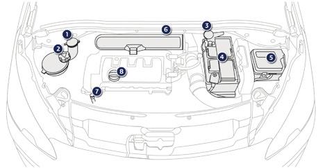 Onderhoud Benzinemotoren 1. Reservoir ruitensproeiervloeistof. 2. Reservoir koelvloeistof. 3.