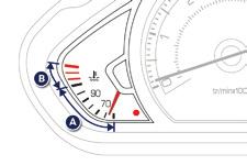 Controle tijdens het rijden Koelvloeistoftemperatuurmeter De temperatuur en de druk in het koelcircuit beginnen na enkele minuten rijden te stijgen.