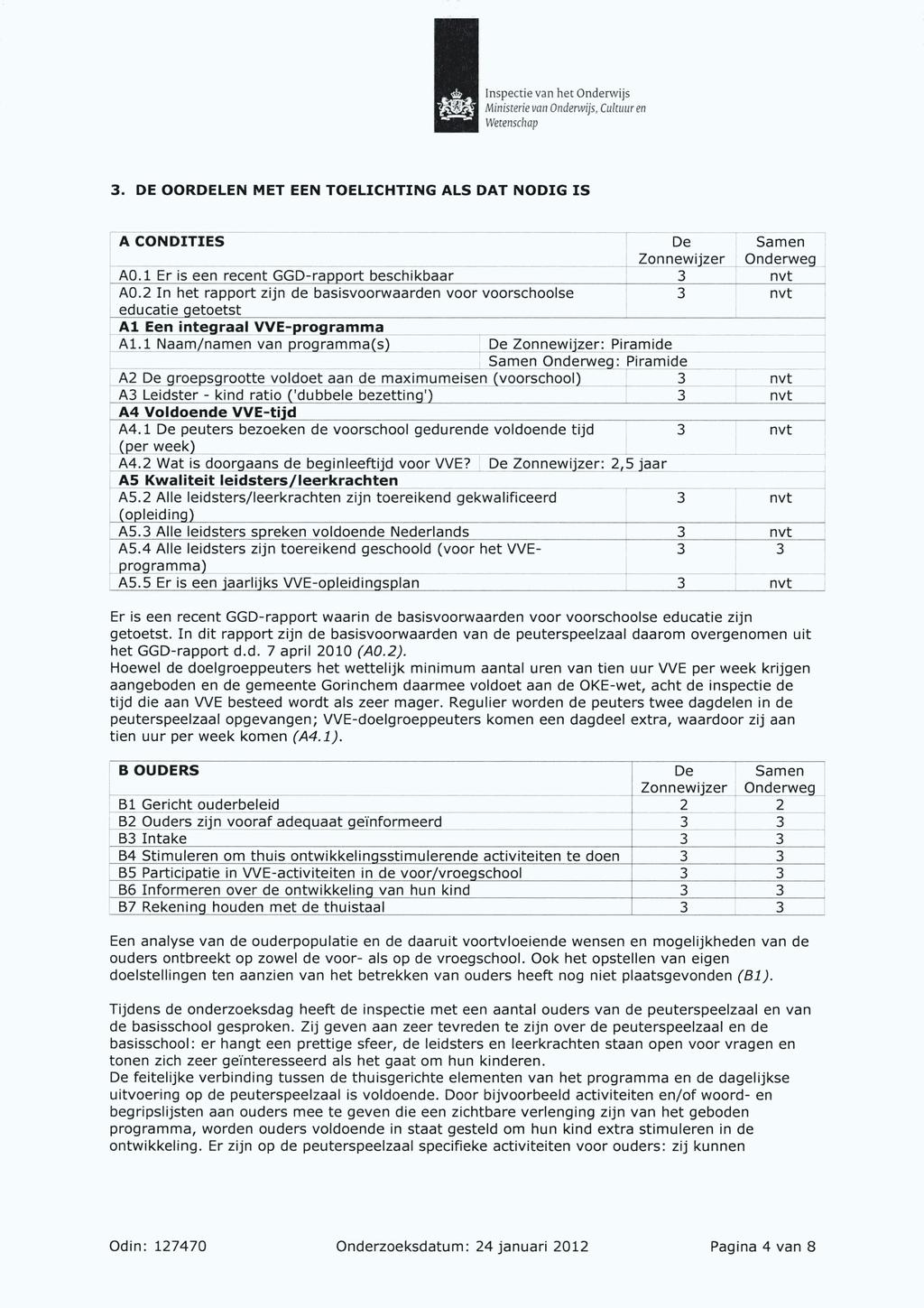 MimsterieranOnderwijs, Cu/tuur en Wetenschap. DE OORDELEN MET EEN TOELICHTING ALS DAT NODIG IS A CONDITIES De Samen AO.1 Er is een recent GGD-rapport beschikbaar nvt AO.