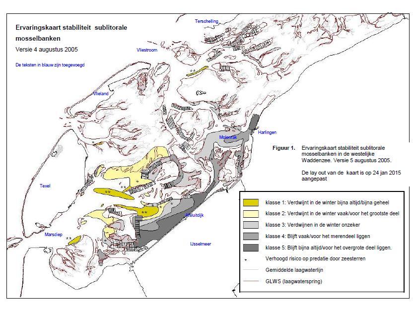 Ervaringskaart stabiliteit sublitorale mosselbanken westelijke Waddenzee (Van Stralen 2015) Onderstaande ervaringskaart geeft een indicatie van de stabiliteit van sublitorale mosselbanken in de